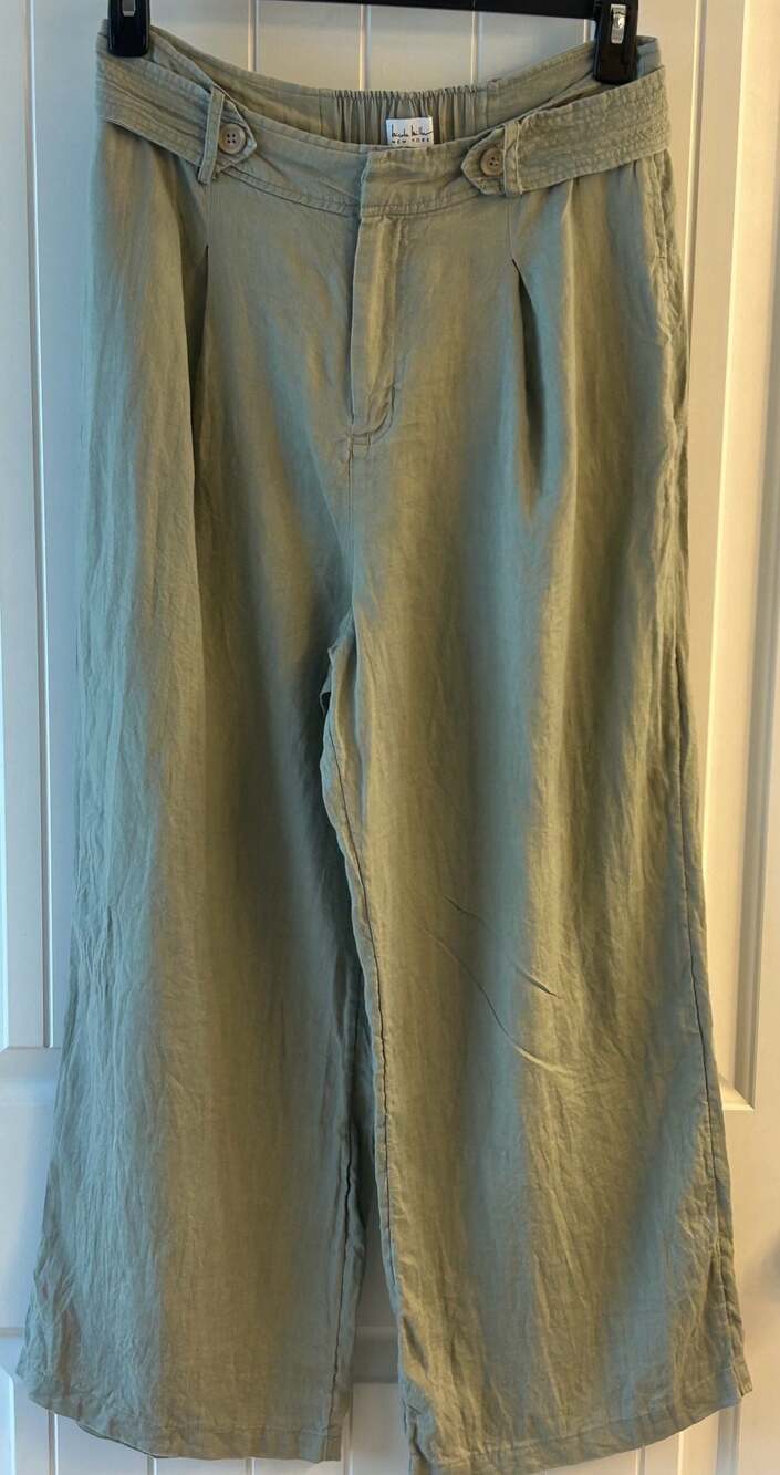 Nicole Miller New York Sage Green 100% Linen Pleated Wide-Leg Pants - Picture 2 of 9